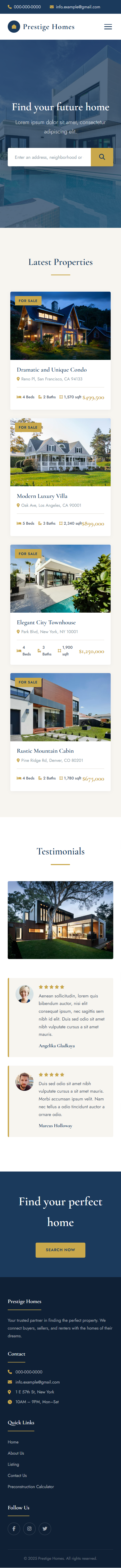 Prestige Homes mobile view