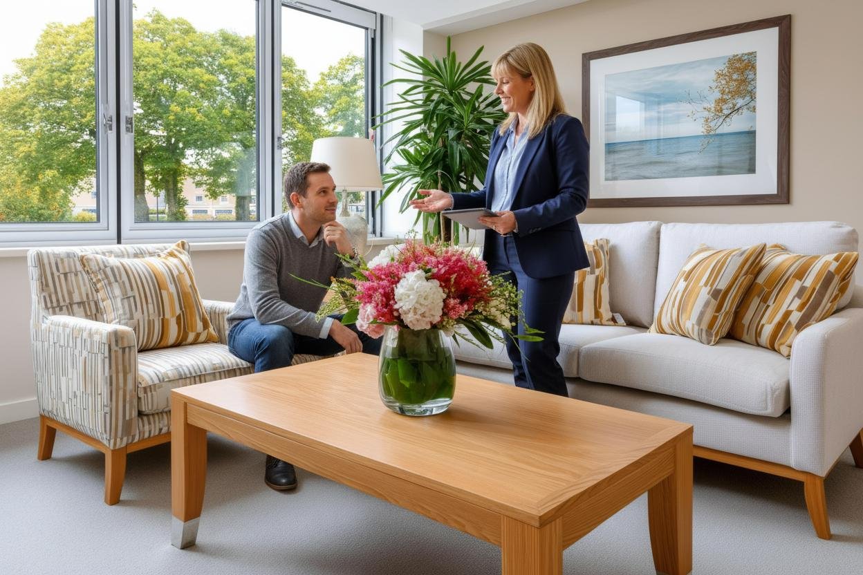 Staged living room with neutral furnishings for a real estate listing