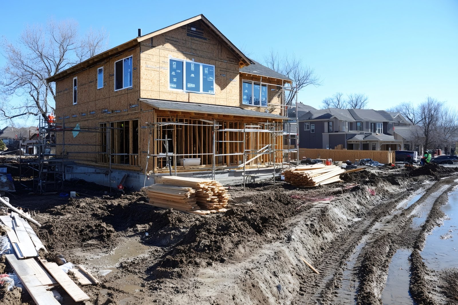 Realtor explaining new home warranty coverage to buyers at a new construction site